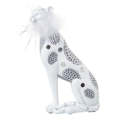 FIGURA RESINA LEOPARDO BLANCO/PLATA C/PLUMA ARTIFICIAL 16X8X25CM LL50281