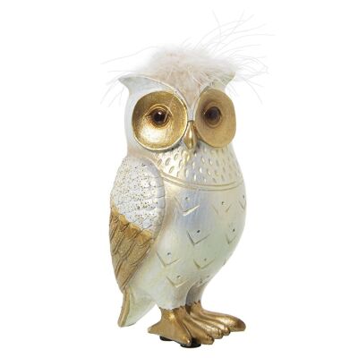 RESIN FIGURE WHITE/GOLD OWL W/ARTIFICIAL FEATHER 7X7X13CM LL50283