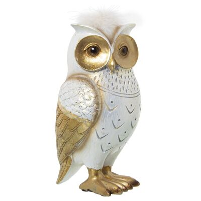 WHITE/GOLD OWL RESIN FIGURE W/ARTIFICIAL FEATHER 9X9X17CM LL50285