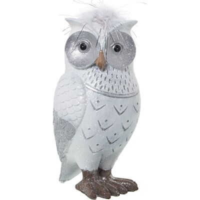 RESIN FIGURE WHITE/SILVER OWL W/ARTIFICIAL FEATHER 9X9X17CM LL50286
