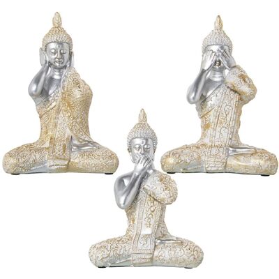 FIGURA IN RESINA BUDDHA ARGENTO VEDERE/SENTIRE/ZITTO 14X8X18CM LL50387