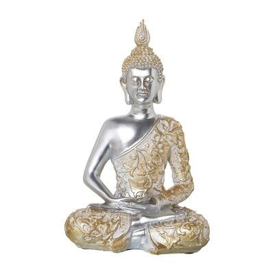 FIGURA RESINA BUDA PLATEADO TÚNICA DORADA 17X11X28CM LL50389