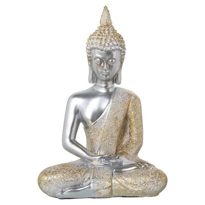 FIGURINE RÉSINE BOUDDHA ARGENT TUNIQUE DORÉE 21X13X31CM LL50391