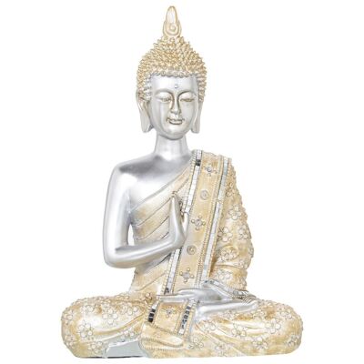 FIGURA IN RESINA BUDDHA ARGENTO TUNICA DORATA 27X15X41CM LL50392