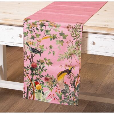 CHEMIN DE TABLE RECTANGULAIRE EN COTON OISEAUX ROSE, UN CÔTÉ 33X180CM, AVEC IMPRESSION NUMÉRIQUE LL50554