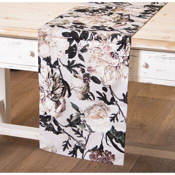 CHEMIN DE TABLE RECTANGULAIRE EN COTON GRIS AVEC FLEURS. SIMPLE FACE 33X180CM, AVEC IMPRESSION NUMÉRIQUE LL50555