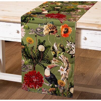 RECTANGULAR COTTON TABLE RUNNER GREEN FLOWERS, ONE SIDE 33X180CM, WITH DIGITAL PRINTING LL50559