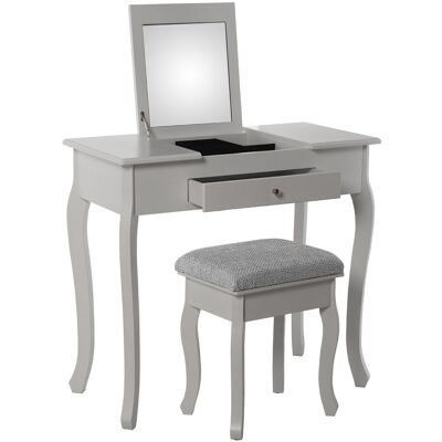 WHITE WOODEN DRESSING TABLE W/MIRROR+GRI FABRIC UPHOLSTERED BENCH 80X40X74CM BENCH:36.5X29X46CM LL53101