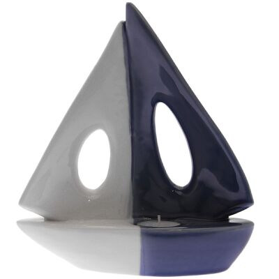 BOAT FIGURE CANDLE HOLDER WHITE/BLUE CERAMIC 22X8.5X23CM LL58834