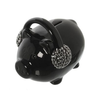 FIGURA HUCHA CERDO C/AURICULARES CERÁMICA NEGRA _16X11,5X13,5CM LL58873