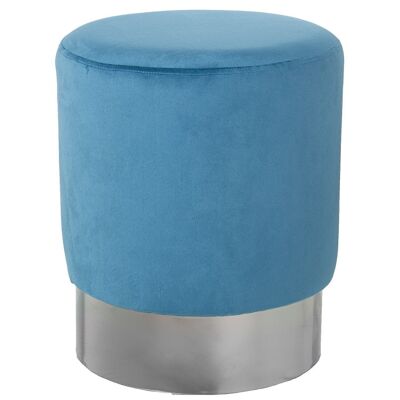 BLUE VELVET POUF WITH SILVER STEEL BAND 10CM °35X42CM, POLY╔STER/DM+PINE LL64063