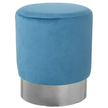 POUF VELOURS BLEU BANDE ACIER ARGENT 10CM °35X42CM, POLY╔STER/DM+PINE LL64063