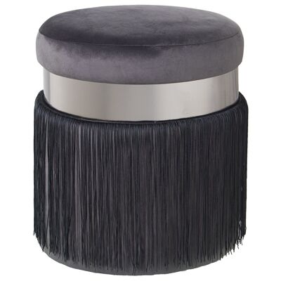 POUF IN VELLUTO GRIGIO CON FRANGE, FASCIA IN ACCIAIO PLAT: 7CM, DM/POLYÉS °40X44CM, FRANGE: 29CM LL64068