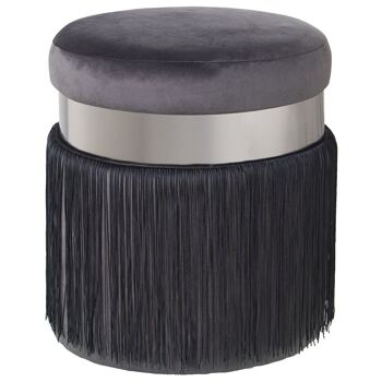 POUF VELOURS GRIS A FRANGES, BANDE PLAT ACIER: 7CM, DM/POLYÉS °40X44CM, FRANGES: 29CM LL64068