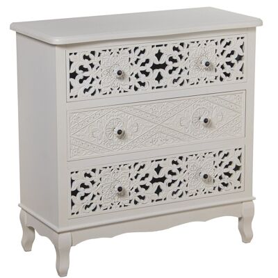 OFFERTA CASSETTIERA IN LEGNO CON 3 CASSETTI INTAGLIATA BIANCA 75X34X76CM, ABETE+PINO+DM LL68019