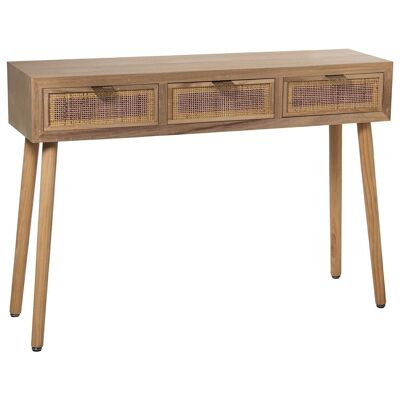 WOODEN ENTRANCE TABLE WITH 3 NATURAL RATTAN DRAWERS, PAULOWNIA+ DM 110X30X78CM, HIGH. LEGS:60CM LL68036