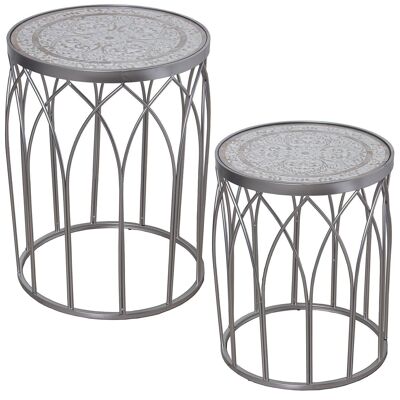 SET 2 AUXILIARY TABLES SILVER METAL/CARVED WOOD WITH CRIST °45X60+°40X50CM, WOOD:DM LL68303