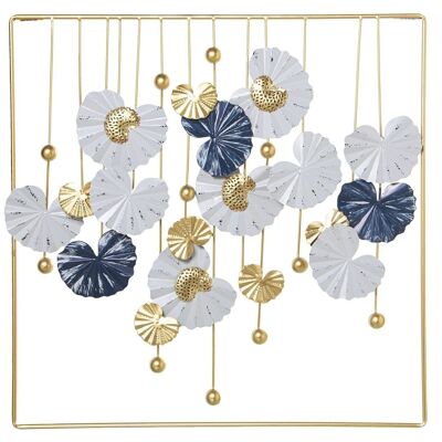 APLIQUE PARED METAL CUADRADO FLORES BLANCO/DORADO/AZUL C/MAR _60X4X60CM (HIERRO) LL68335