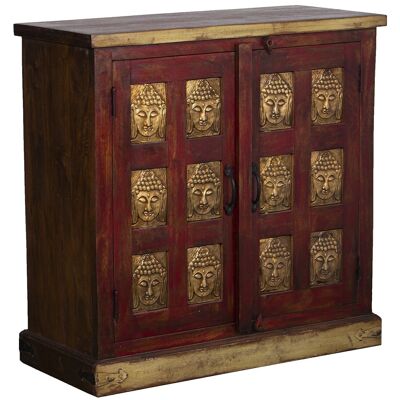 MEUBLE D'ENTRÉE EN BOIS MANGUI AVEC 2 PORTES BOUDDHAS ROUGE/DORÉ 90X40X90CM LL68350