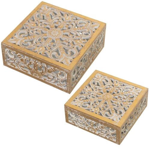 SET 2 CAJAS MADERA CALADAS DORADO/BLANCO 20X20X7,5+16X16X7CM,MADERA DM LL70076