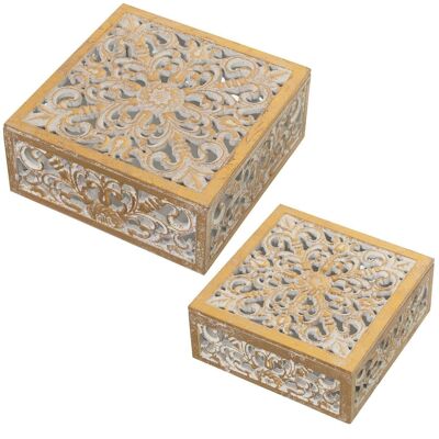 SET 2 OPENING WOODEN BOXES GOLD/WHITE 20X20X7.5+16X16X7CM, DM WOOD LL70076