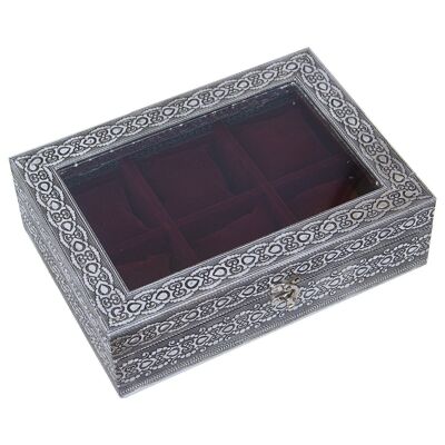SILVER METAL WATCH BOX WITH RED VELVET 28X20X8CM, GLASS LID LL76105