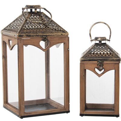 SET 2 WOOD/METAL/GLASS LANTERN 16X16X33+22X22X46CM LL76182