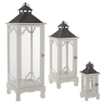 SET 3 FAROLES MADERA/METAL BLANCOS, ABETO+HIERRO+CRISTAL 14X14X35+21X21X59+28X28X87CM LL76191