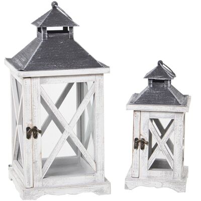 SET 2 WOOD/METAL/GRAY GLASS LANTERN _20X20X44+13X13X31CM LL79076