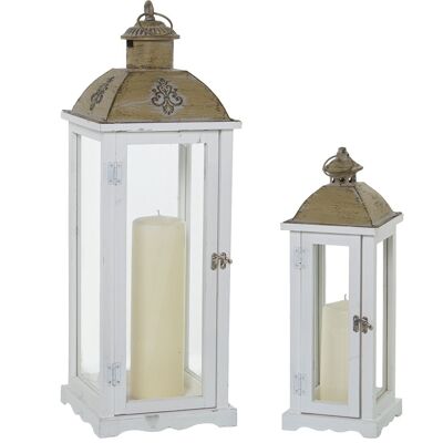 SET 2 FAROLES MADERA BLANCO/CRISTAL/METAL 16X16X47+23X23X65CM LL79081