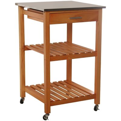 KITCHEN TROLLEY WITH DRAWER AND 2 WOODEN SHELVES STAINLESS STEEL LID. _54X54X86CM-WOOD:PINE LL80797