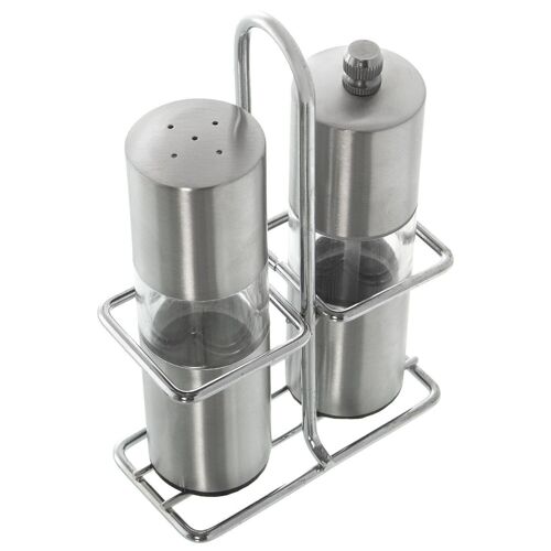 SET SALERO+PIMENTERO ACERO INOX/ACRILICO C/SOPORTE METAL CR 10X4,5X16CM,SALERO:3,5X12,5CM LL81285