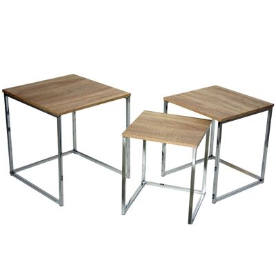 SET OF 3 NATURAL WOODEN AUXILIARY TABLES WITH STEEL LEGS _53X39X48+42X36X42+33X33X37CM LL83440