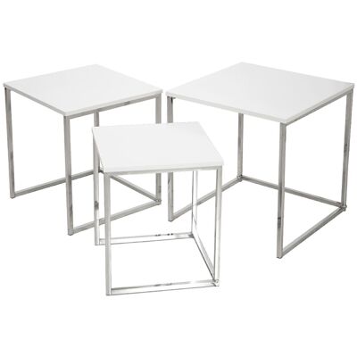 SET OF 3 AUXILIARY TABLES WOOD/GLOSS WHITE METAL, WOOD:D _40X40X42+35X35X39+30X30X36CM LL83486