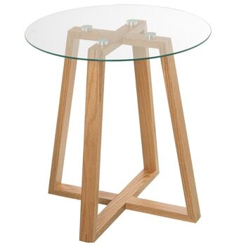 TABLE D'APPOINT EN VERRE PIEDS EN BOIS NATUREL, MODÈLE EN VERRE:5M °48X51CM, BOIS DE CHÊNE LL84258