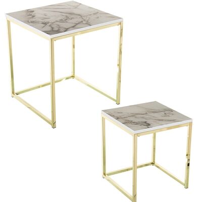 SET OF 2 WOODEN AUXILIARY TABLES WHITE MARBLE FINISH 45X45X50CM+35X35X40CM LL84272