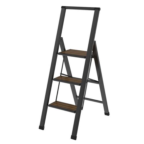 ESCALERA ALUMINIO NEGRO 3 PELDAÑOS MADERA BAMBÚ 44,5X5,4X126,5CM LL84580