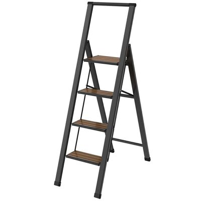 ESCALERA ALUMINIO NEGRO 4 PELDAÑOS MADERA BAMBÚ 44,5X5,4X154CM LL84581