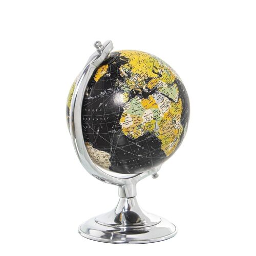 GLOBO TERRÁQUEO ALUMINIO BRILLO, GLOBO:ø15CM, NEGRO 16X15X25CM, BASE:°13CM LL86609