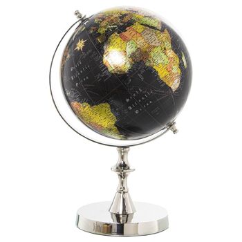 GLOBE DE TERRE EN ALUMINIUM FINITION NICKEL, GLOBE ø20CM, NOIR 21X20X35CM, BASE:°14.5CM LL86610