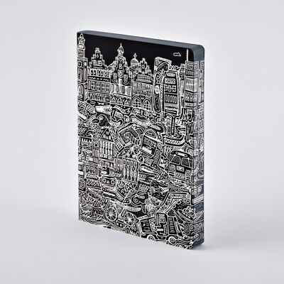 Frankfurt  - Graphic L  | nuuna Notizbuch A5+ | 3,5 mm Punktraster | 120 g Premium-Papier | Leder schwarz | nachhaltig produziert in Deutschland