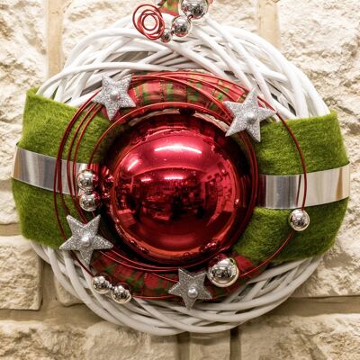 Door wreath No.24 winter wreath wall wreath 30 cm white with red ball and silver stars