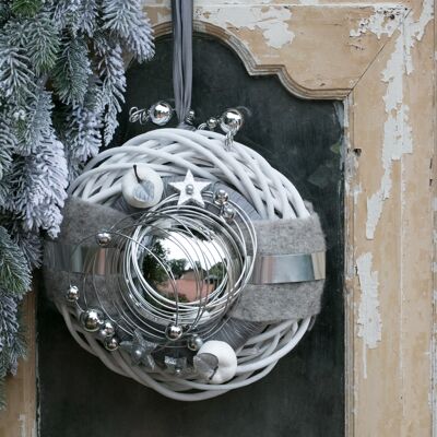 Corona de invierno corona de pared No.27 corona de puerta blanco 30 cm bola de plata estrellas fieltro moderno