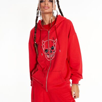 Devilish Staple Oversized Zip Up Hoodie With Graphic In Red