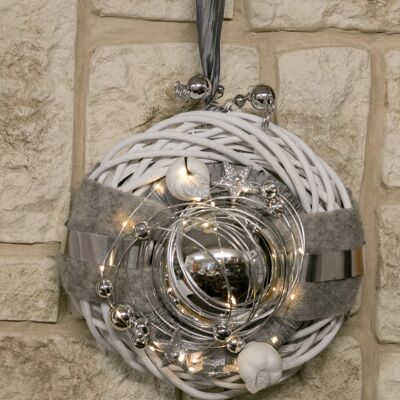 Corona de invierno corona de pared No.27 corona de puerta blanca 30 cm estrella de bola plateada con cadena de luz LED