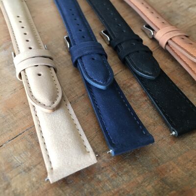 Pack of 16 genuine leather watch straps with easyclick pin | 18mm | Black, brown, navy blue and beige colors | Soft touch