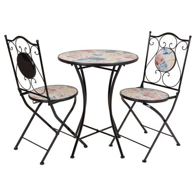 Set di tavolo e due sedie in ferro battuto e mosaico referenza: 22596