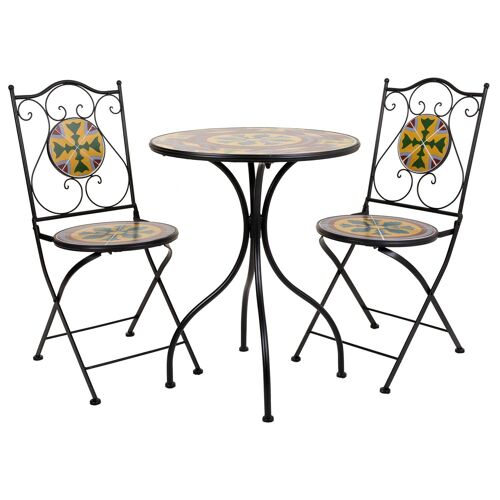 Conjunto de mesa y dos sillas de forja y mosaico referencia:22587