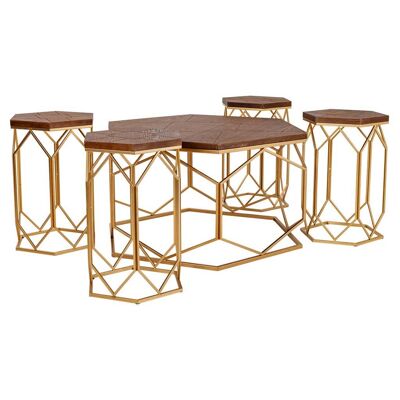 WOOD AND METAL COFFEE TABLE AND 4 STOOLS reference:23337