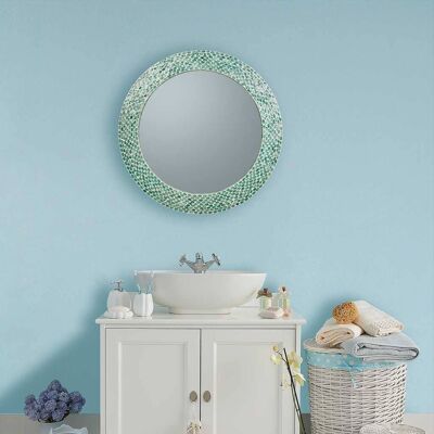 ROUND WOODEN MIRROR FINISHED IN BLUE CAPIZ 75x75x03h cm reference:24666